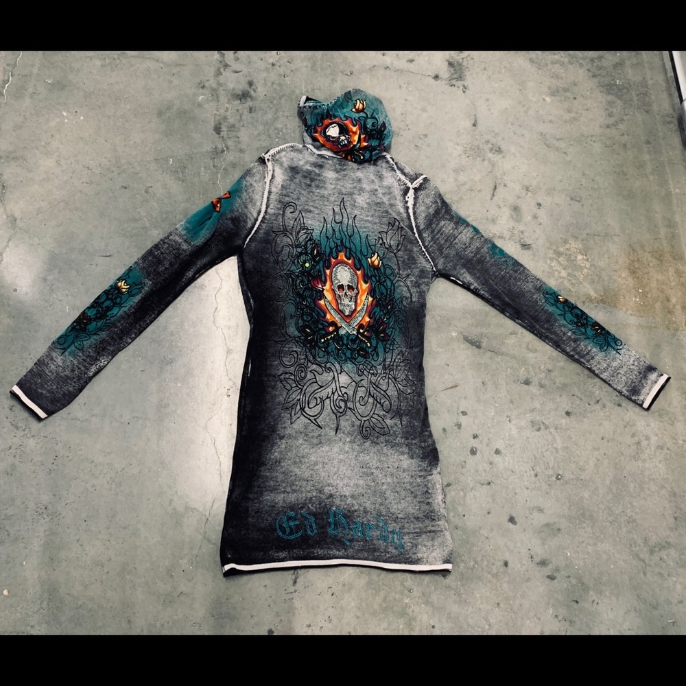 ED HARDY Zip Up Hoodie Embellished Skull SZ Large